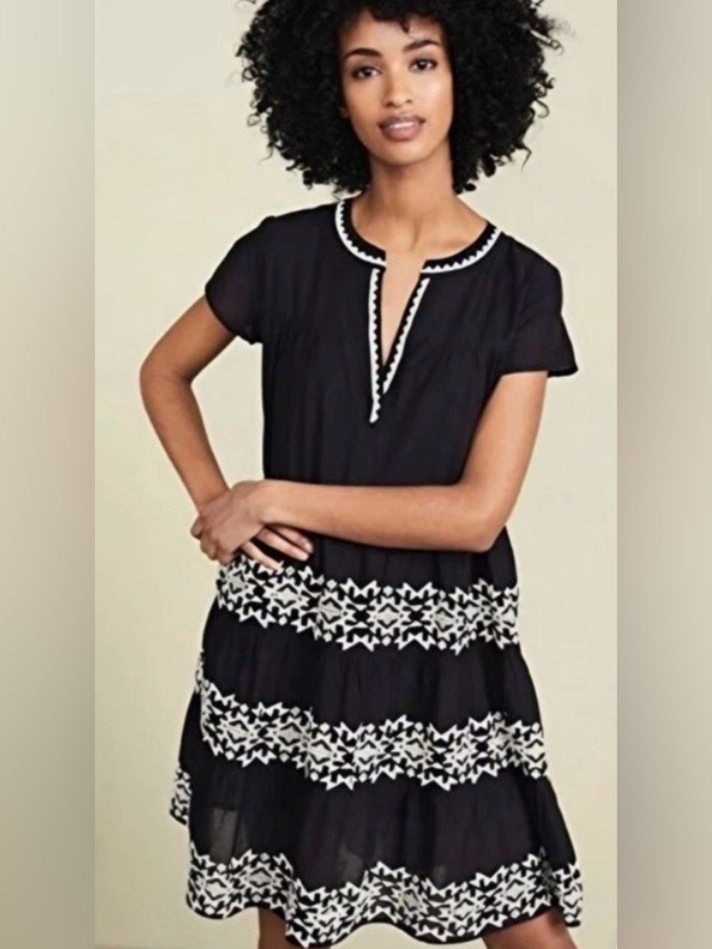 Roller Rabbit Embroidered Pamela Dress Black White Women Size L Boho Cottagecore